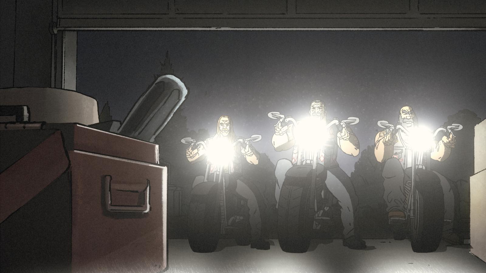 Still from animation depicting Jersey Jim and posse arriving at Andrew Glick's house.