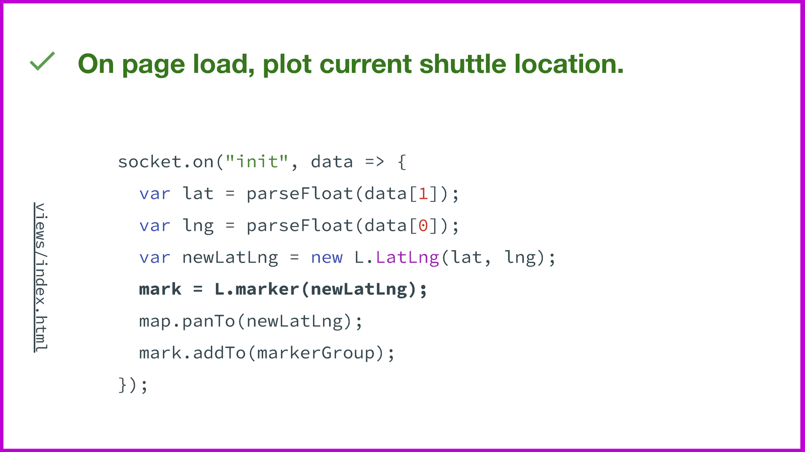Slide from PurpleTime presentation depicting a segment of source code.