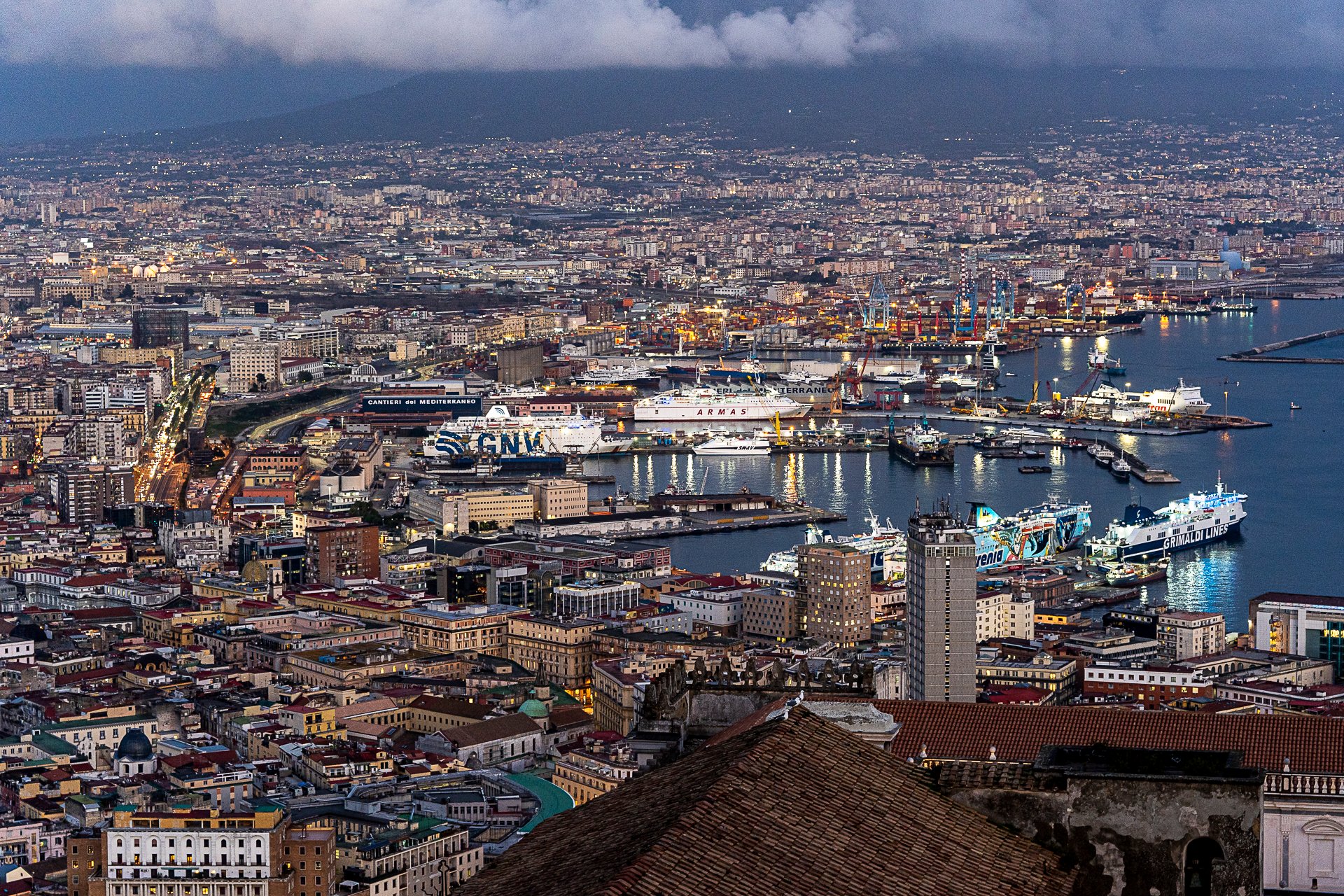 Port of Naples, Naples. Mount Vesuvius in background.
