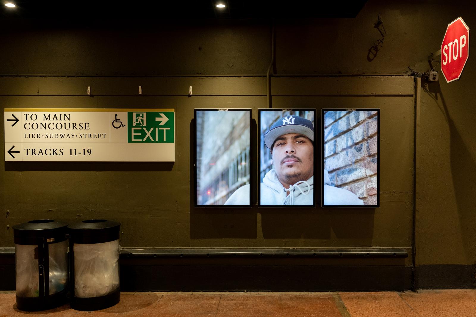 A triptych in the Metro-North train shed.
