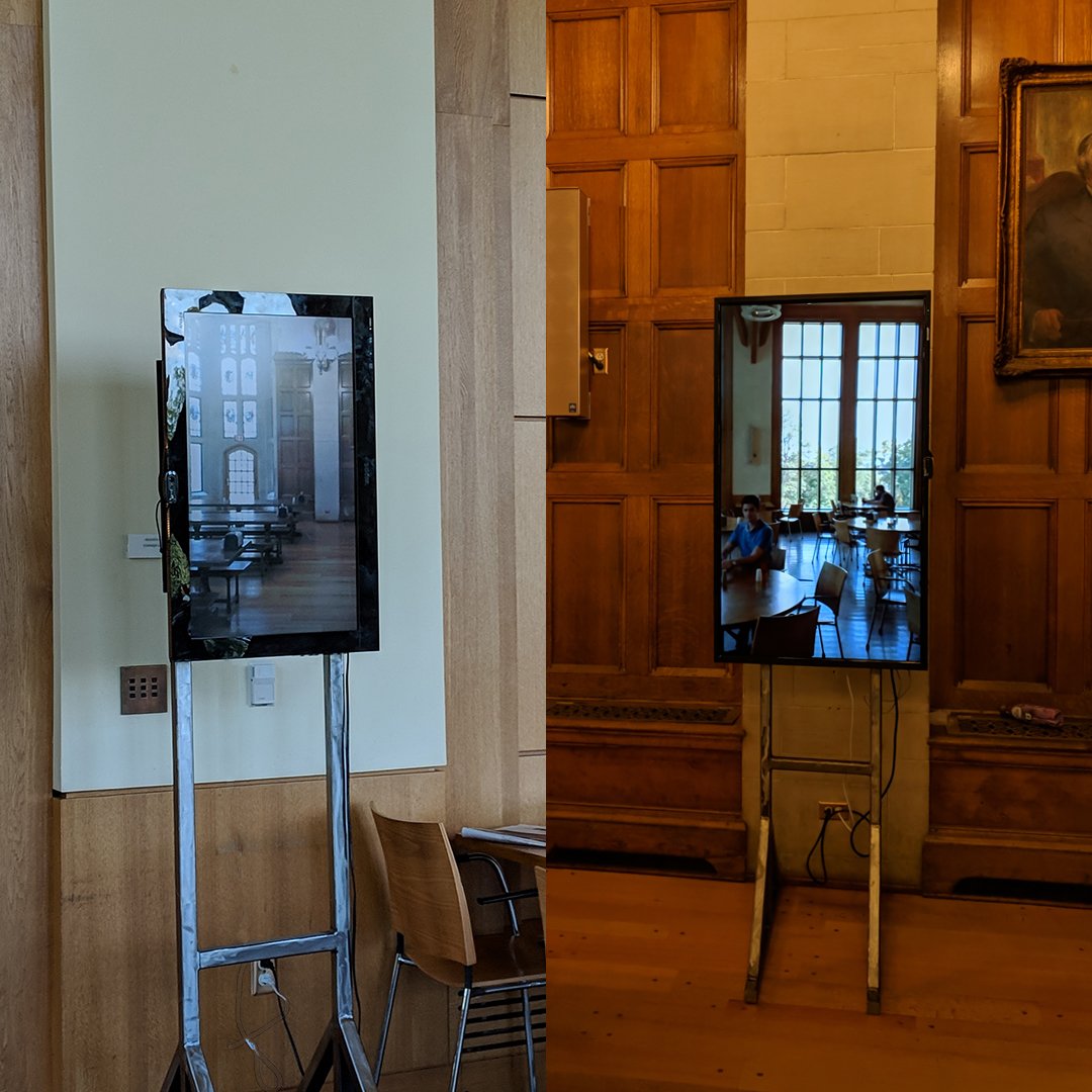 Split photograph showing both screens seen in the installation