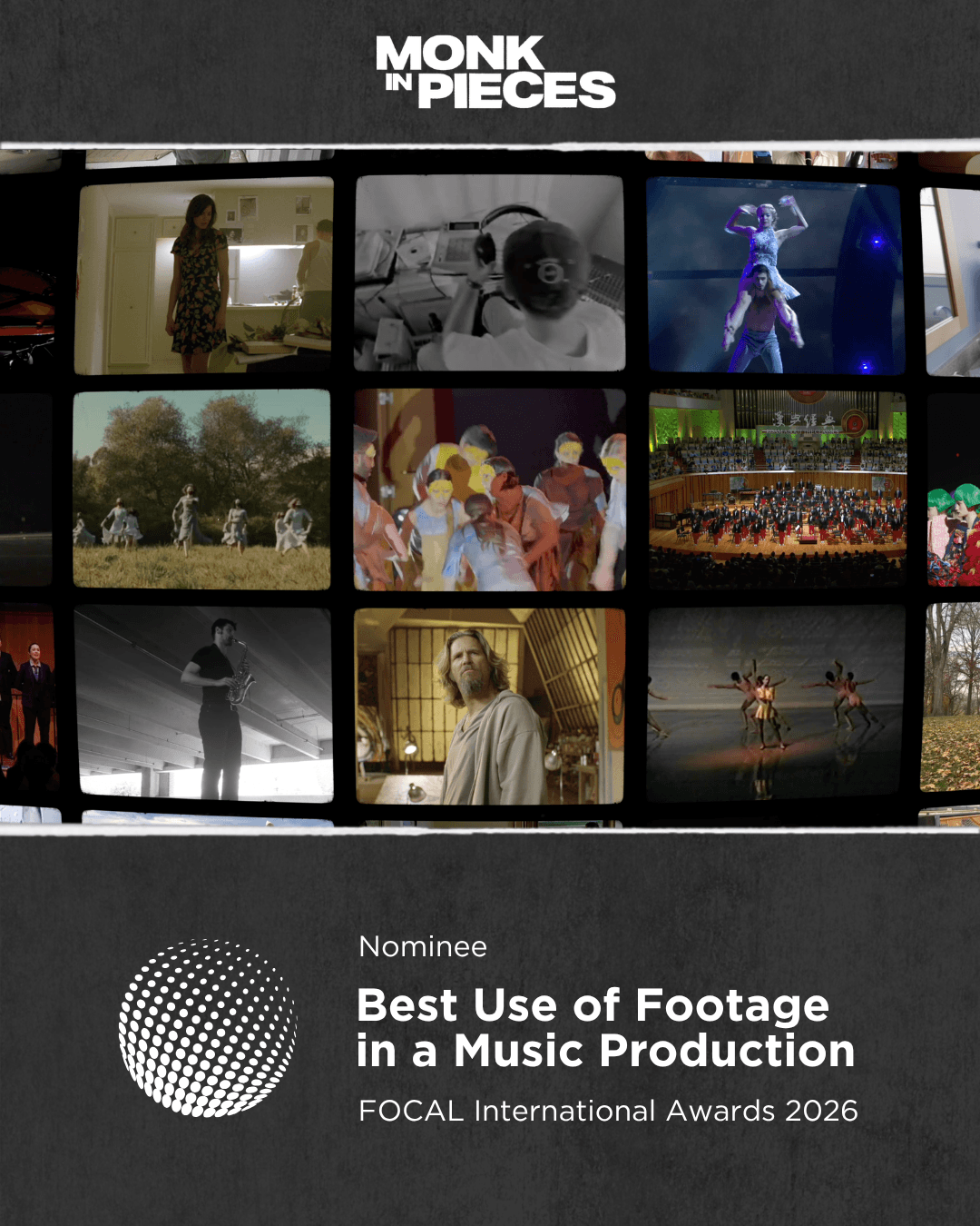 Monk in Pieces archival footage grid, FOCAL International Awards nomination
